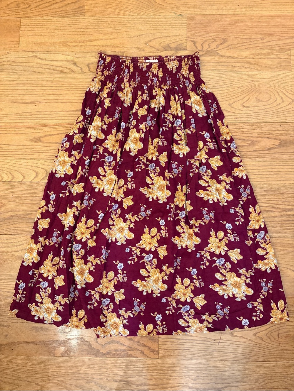 NATURAL LIFE Burgundy Floral Midi Skirt with Smocked Waist EUC